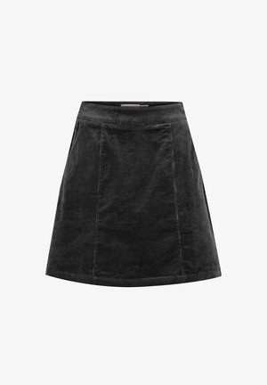 Jupe mini en velours côtelé noir au design évasé, présentant une texture côtelée verticale, des poches latérales et une taille lisse pour plus de confort.