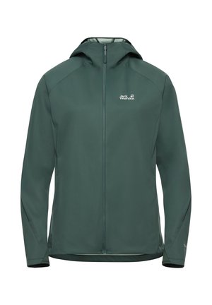 Donkergroene jas met een capuchon, ritssluiting over de hele lengte en zijzakken. Gemaakt van glad, waterdicht materiaal met een subtiel logo op de borst.