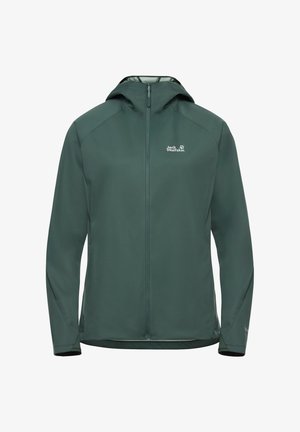 Dunkelgrüne Jacke mit Kapuze, durchgehendem Reißverschluss und Seitentaschen. Hergestellt aus glattem, wasserdichtem Material mit einem dezenten Logo auf der Brust.