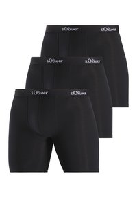 Black boxer briefs made of a smooth fabric, featuring a branded elastic waistband with "s.Oliver" logo. Three pieces displayed.