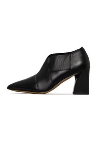 Scarpa nera in pelle con tacco alto, a punta, pannelli testurizzati e tacco spesso. Finitura liscia con un colore uniforme e design minimal.
