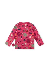 Rosa Langarmshirt aus Baumwolle mit buntem Tier- und Musterprint. Mit einem kleinen seitlichen Etikett. Weicher Stoff.