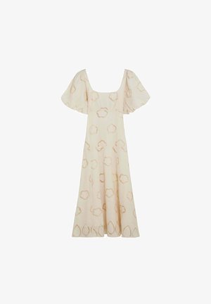 Robe midi crème avec manches courtes ballons, encolure carrée et motifs circulaires subtils sur tout le tissu.