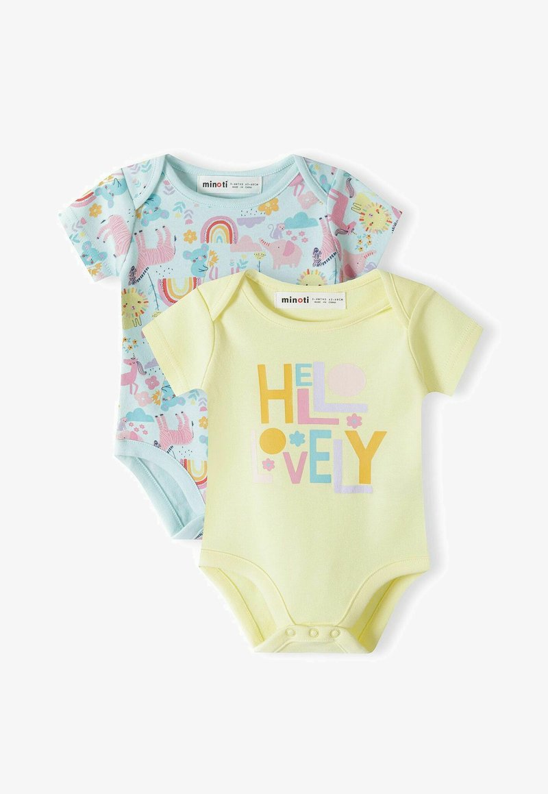Dos bodies de bebé: uno azul claro con un estampado colorido de animales y arcoíris; el otro amarillo con el texto "HOLA HERMOSA" en colores pastel.