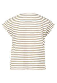 T-shirt rayé beige et blanc, à manches courtes et coupe ample, fabriqué en tissu doux avec une texture lisse.