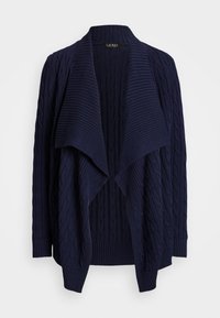 Marinblå stickad cardigan med kabelmönster, öppen fram, och ribbade ärmslut. Mjuk textur, utrustad med en draperad krage och utan knäppning.