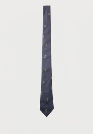 Γραβάτα σκούρου μπλε χρώματος με επαναλαμβανόμενο μοτίβο μικρών κίτρινων σκύλων και εικόνων χεριών.