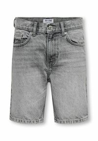 Shorts en jean gris avec un design classique à cinq poches, coupe droite et couture visible. Le tissu présente une texture légèrement usée.