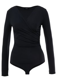 Schwarzer Langarm-Bodysuit mit Wickeldesign, aus weichem, dehnbarem Stoff und tiefem V-Ausschnitt, geeignet zum Schichten oder als eigenständiges Kleidungsstück.