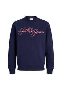 Sudadera de marina con mangas largas, cuello redondo y puños acanalados. Presenta "Jack & Jones Worldwide" en letras cursivas rosas en la parte delantera.