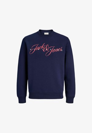 Navy sweatshirt with long sleeves, crew neck, and ribbed cuffs. Features "Jack & Jones Worldwide" in pink cursive lettering across the front.