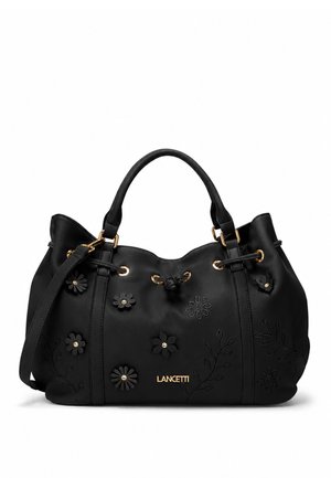 Borsa nera con due manici, accessori dorati, applicazioni floreali e ricami, logo "LANKETTI" sul davanti e tracolla rimovibile.