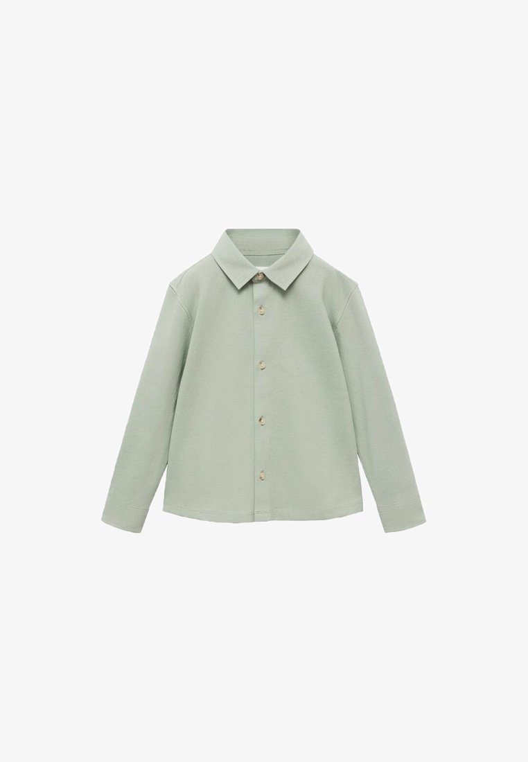 Cămașă verde deschis, cu mâneci lungi, guler clasic și nasturi bej. Fabricată dintr-un material neted, cu o tivă dreaptă.