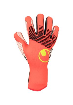 Roter Torwart-Handschuh mit schwarzen Griffpolstern an den Fingern, weißen gemusterten Seiten und einem gelben runden Logo auf dem Handrücken.
