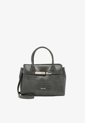 Sac à main noir avec texture crocodile, deux poignées, une bandoulière amovible et une fermeture métallique argentée sur le rabat avant.