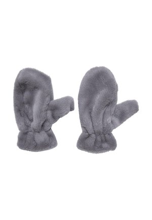 Grå faux fur votter med myk tekstur, samlet håndleddsdesign og tommelåpning for økt bevegelighet.
