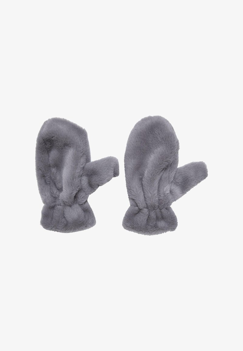 Pelēki mākslīgā zamšādā izstrādāti cimdi, kas raksturojas ar mīkstu tekstūru, savirknēta aproce un pirksta atvere papildu veiklībai.