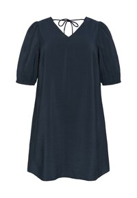 Vestido de color azul marino hecho de una tela texturizada, con escote en V, mangas cortas abullonadas y un detalle de lazo en la parte posterior.
