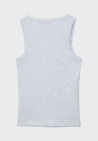 Hellgraues ärmelloses Tanktop mit rundem Ausschnitt, von hinten auf einfachem Hintergrund gezeigt.