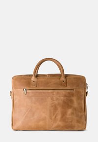 Brown leather laptop bag with dual top handles, front zippered pocket, and smooth texture. Features minimal stitching and rectangular shape.