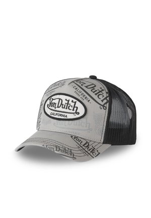 Gorra de béisbol gris Von Dutch California con parte trasera de malla negra y patrón de texto de logo repetido en la parte delantera y en la visera.