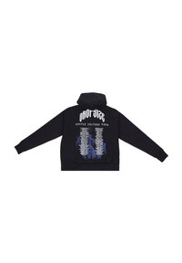 Schwarzer Kapuzenpullover mit einem grafischen Druck auf dem Rücken, der weiße Schriftzüge und blaue Flammenakzente zeigt. Weicher Stoff, lange Ärmel und eine praktische Kängurutasche auf der Vorderseite.