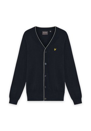 Cardigan bleu marine à col en V avec fermeture à boutons, bordure blanche le long de l'encolure et de la ligne de boutons, et petit logo d'oiseau jaune sur la poitrine.