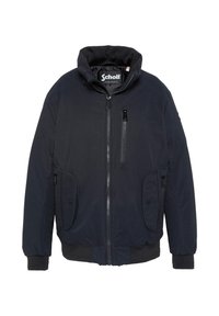 Marineblaue Bomberjacke mit Reißverschluss, elastischen Bündchen und zwei Fronttaschen. Mit hohem Kragen und glattem, strukturiertem Stoff.