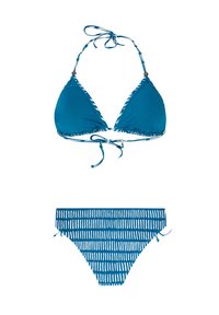 Turkoosi bikinin setti, jossa on kolmion muotoinen yläosa sidontanauhoilla ja kuvioitu alaosa valkoisilla pystysuorilla raidoilla. Pehmeä, kevyt kangas.