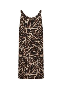 Ärmelloses Kleid mit einem schwarz-braun-cremefarbenen Blättermuster, lässiger Passform und Raffung an den Trägern.