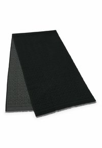 Sciarpa nera intrecciata con un motivo testurizzato e bordi sfrangiati, con un sottile rovescio grigio. Leggera e di forma rettangolare.