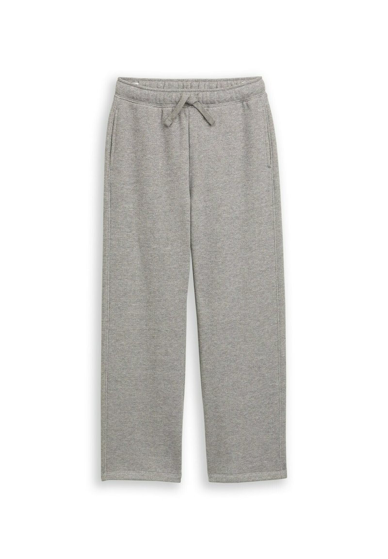 Grijze joggingbroek gemaakt van zachte stof, met een elastische tailleband met trekkoord en twee zijzakken. Rechte pijpen.