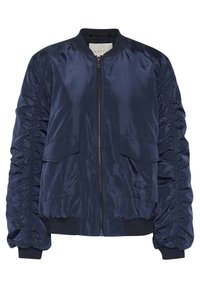 Navy blauwe bomberjack van satin, met geribbelde manchetten, twee vo zakken en geplooide zijkanten voor textuur. Rits sluiting aan de voorkant.