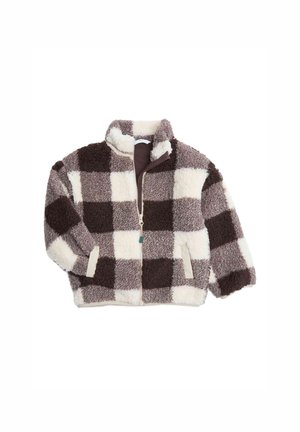 Veste en fausse fourrure à carreaux marron et crème avec un col haut, un zip de fermeture et des poches latérales. Présente une texture douce et pelucheuse ainsi qu'une coupe décontractée.