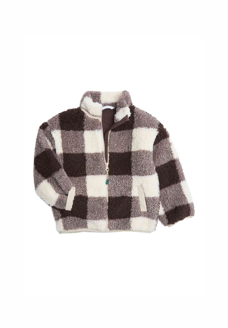 Chaqueta de peluche a rayas marrón y crema con cuello alto, cierre de cremallera y bolsillos laterales. Presenta una textura suave y esponjosa y un corte relajado.