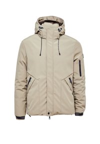 Beige Winterjacke mit Kapuze, Frontreißverschluss, verstellbaren Kordelzügen, seitlichen Reißverschlusstaschen und einer Reißverschlusstasche am linken Ärmel.