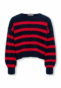 Röd och marinblårandig stickad tröja med rund halsringning, kort skuren design och ribbade muddar. Mjuk textur, avslappnad passform.