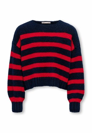 Röd och marinblårandig stickad tröja med rund halsringning, kort skuren design och ribbade muddar. Mjuk textur, avslappnad passform.