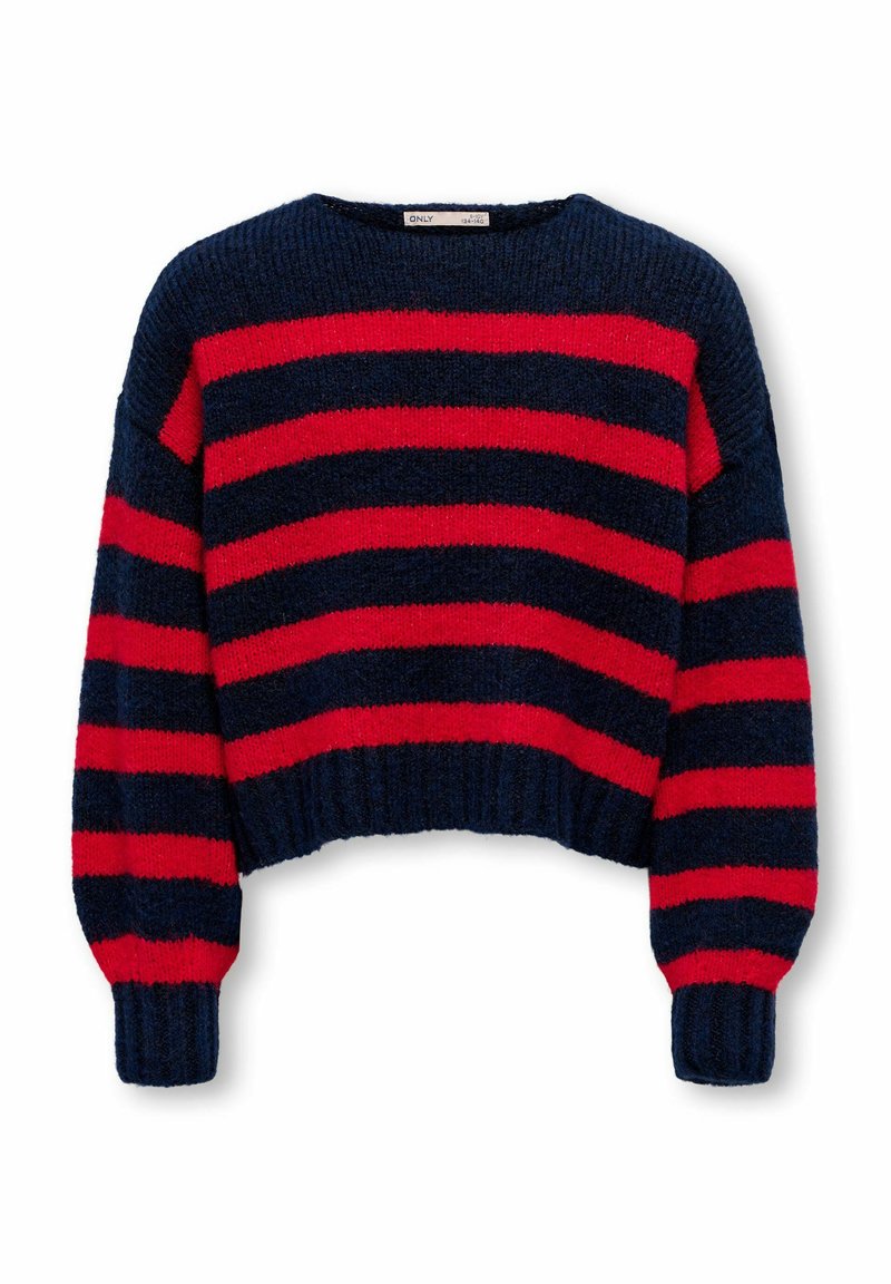 Röd och marinblårandig stickad tröja med rund halsringning, kort skuren design och ribbade muddar. Mjuk textur, avslappnad passform.