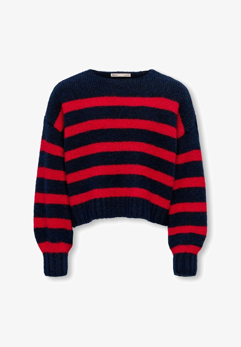 Raudonas ir tamsiai mėlynas dryžuotas megztinis su apvaliu kaklu, trumpesne konstrukcija ir nertomis rankovėmis. Minkšta tekstūra, laisvas pritaikymas.