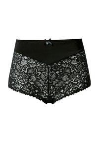 Zwarte high-waisted onderbroeken met een doorschijnend kantpaneel met bloemmotief en golvende randen,accentueert met een strik van satijn.