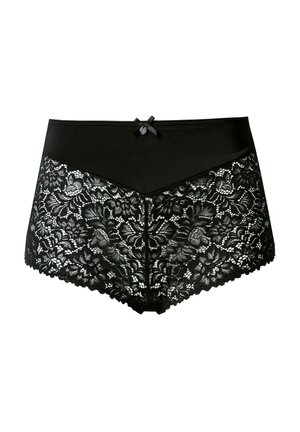 Sous-vêtements noirs taille haute avec un panneau en dentelle transparente au motif floral et des bords festonnés, accentués par un petit nœud en satin.