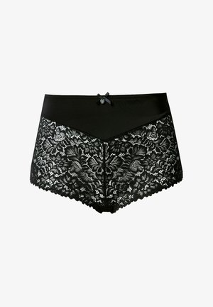 Bragas negras de cintura alta con un panel de encaje transparente con un patrón floral y bordes festoneados, acentuadas con un pequeño lazo de satén.