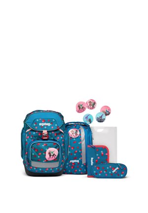 Blue and red polka dot backpack set including two bags, pencil cases, folder, and five round pins with horse and rider designs.