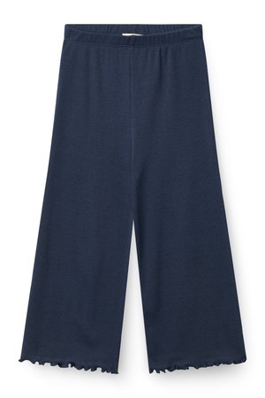 Navy blue wide-leg pants with an elastic waistband and ruffled hems, made from ribbed fabric.