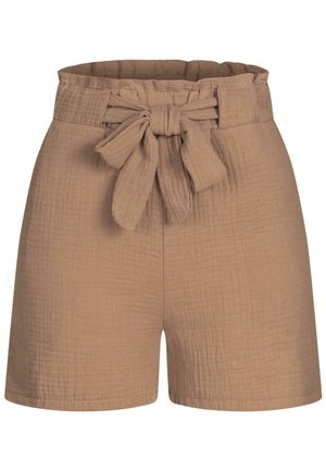 Pantalones cortos de tela marrón con un acabado texturizado, diseño de cintura alta y un cinturón de tela que se ata en la parte delantera.