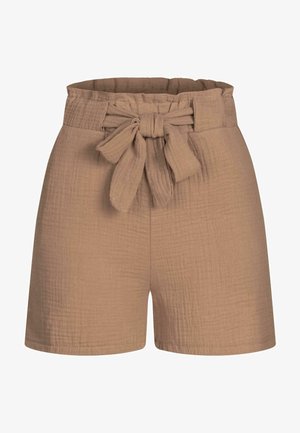 Pantaloni corti in tessuto marrone con finitura testurizzata, design a vita alta e una cintura in tessuto che si annoda davanti.