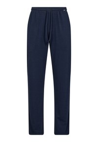 Navy blue sweatpants with an elastic waistband, drawstring, and a relaxed fit. Made from soft, lightweight fabric with a smooth texture.