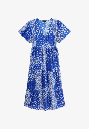 Abito avvolgente floreale blu con maniche a sbuffo corte, caratterizzato da un mix di fiori bianchi e pois, realizzato in un materiale leggero.