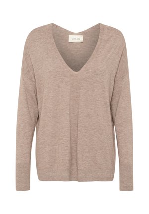 Cappotto in maglia beige con scollo a V profondo, maniche lunghe e vestibilità rilassata. Il tessuto ha una texture morbida con leggere variazioni di colore.